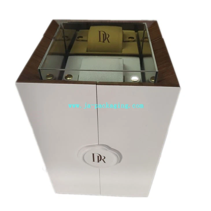 Бяла дървена дисплей кутия часовник с прозрачен прозорец